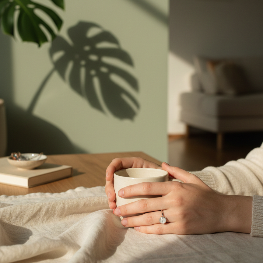 Person holding a mug in a cozy living room with a plant and books in the background