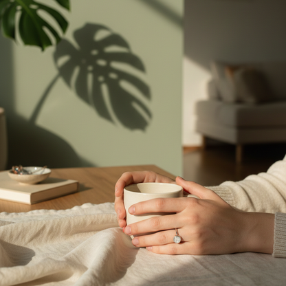 Person holding a mug in a cozy living room with a plant and books in the background