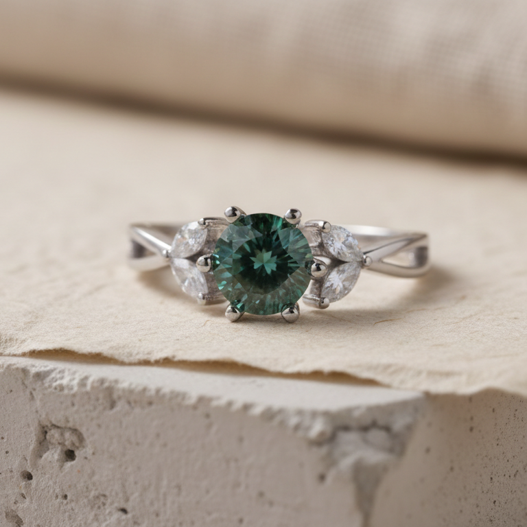 Silver ring with a blue-green moissanite gemstone on a textured surface