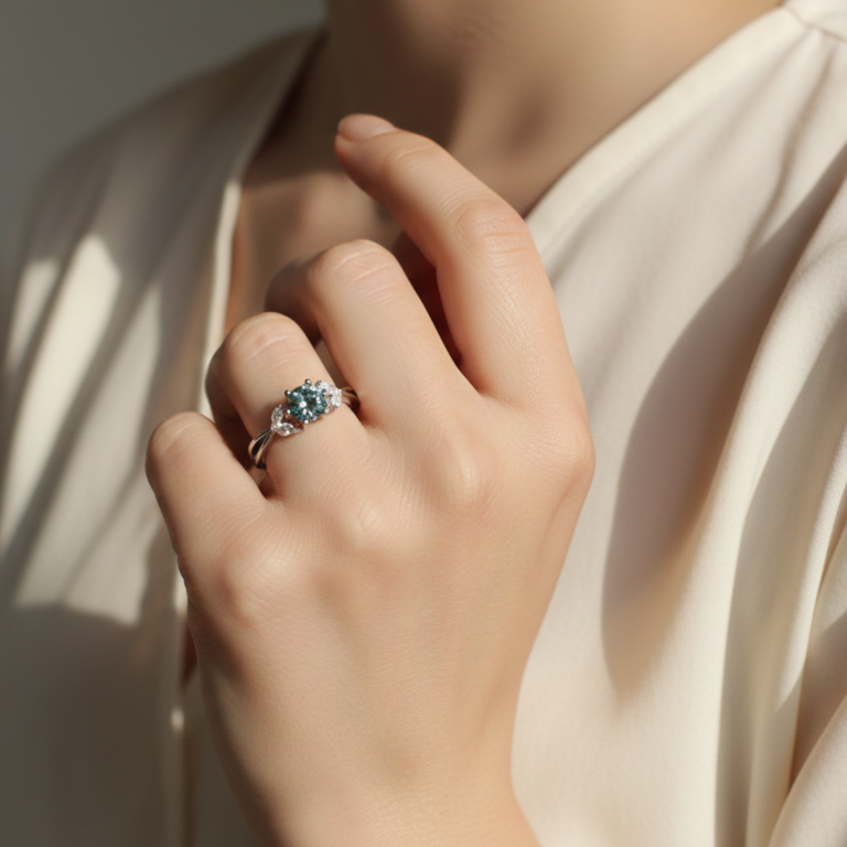 Hand wearing a ring with a blue-green moissanite gemstone against a neutral background