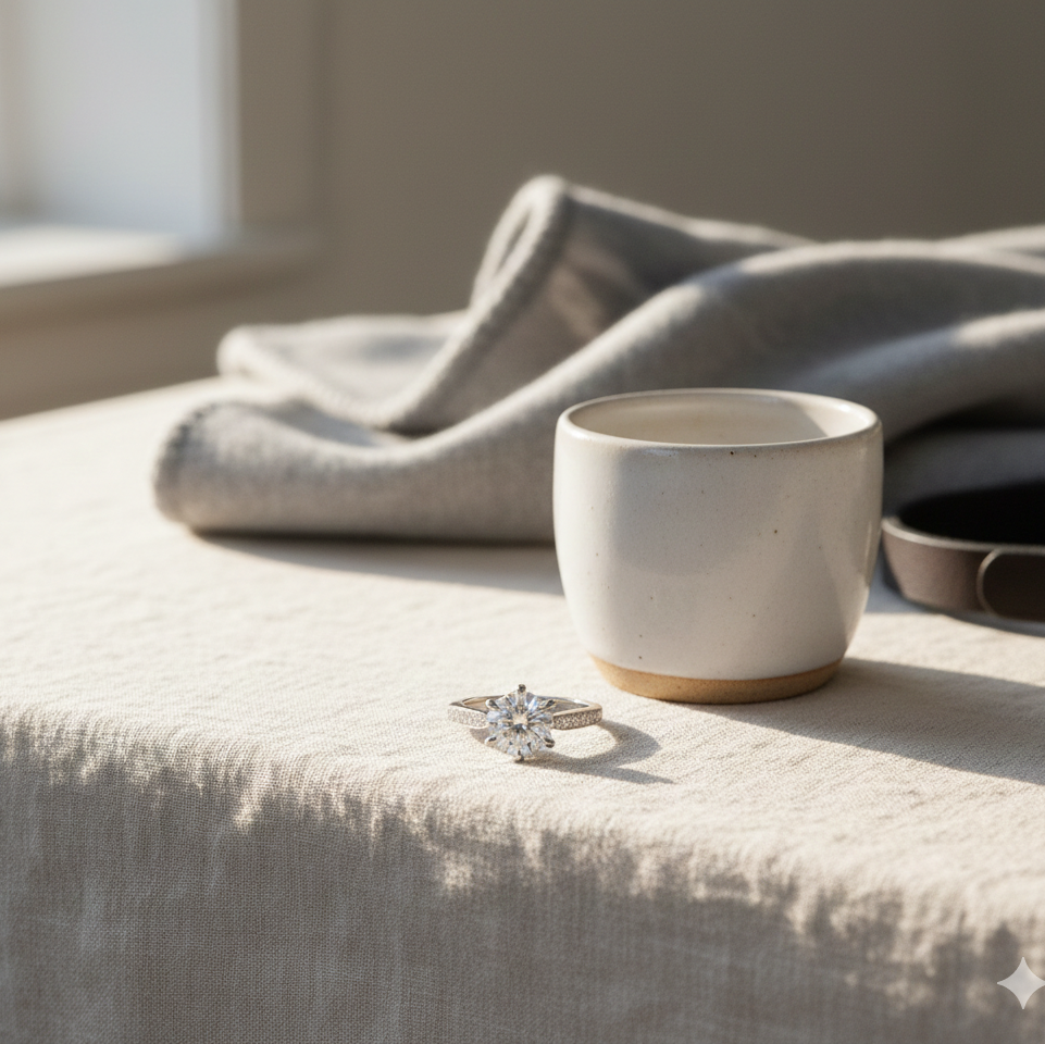 Moissanite ring on a white ceramic cup with a gray blanket in the background