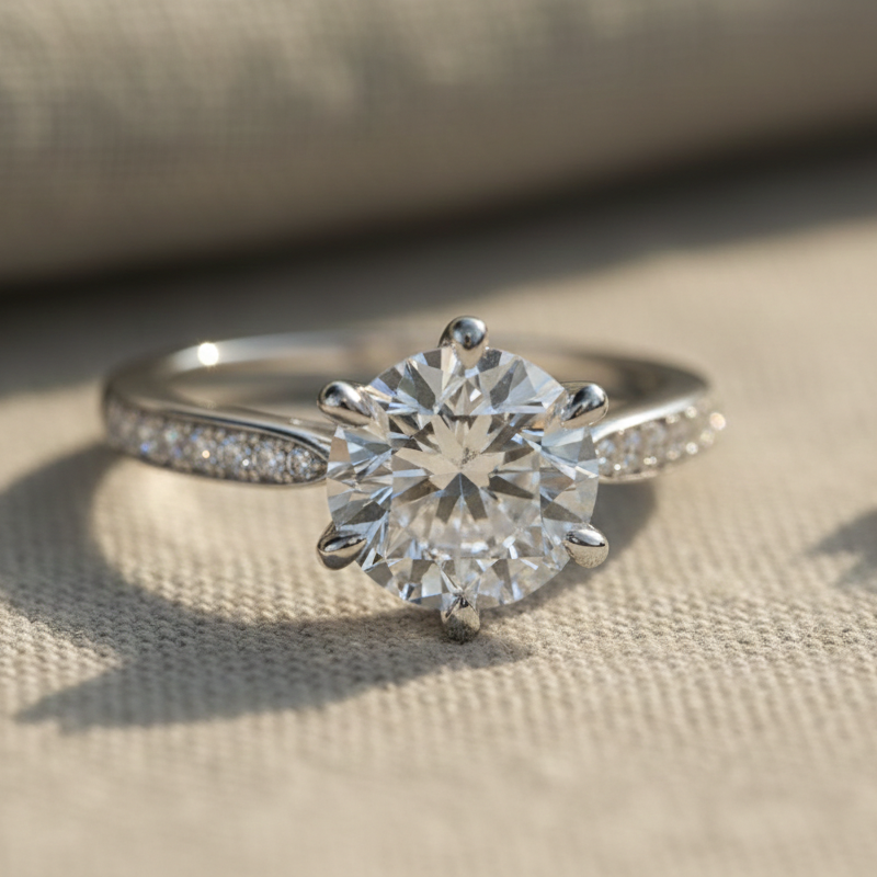 Silver ring with a large moissanite on a textured fabric background