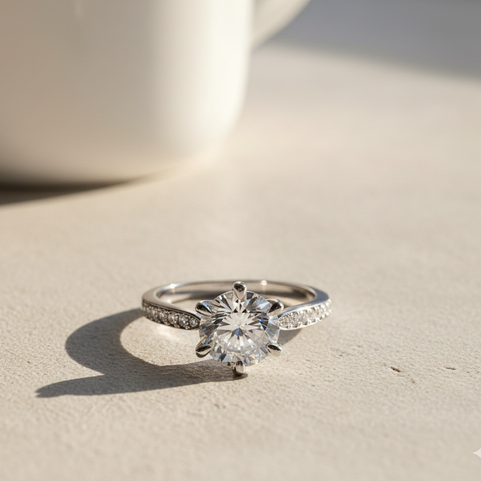 Moissanite ring on a light surface with soft shadows