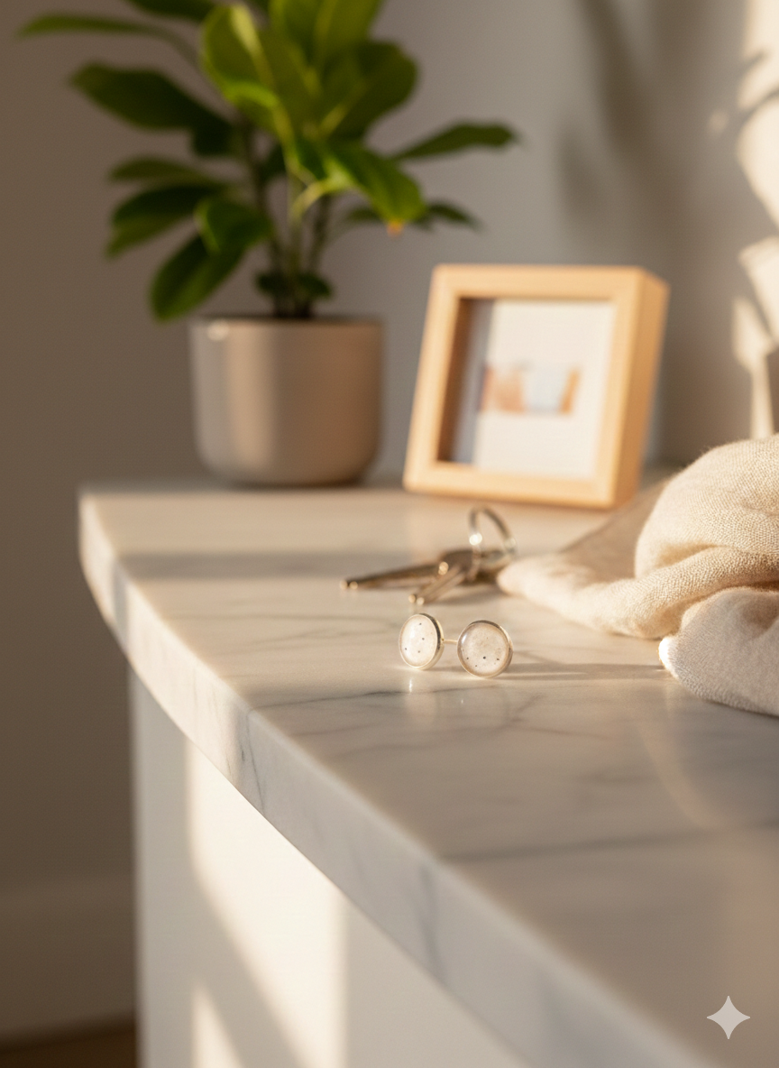 A pair of light-toned stud earrings resting on a marble countertop beside keys, a soft beige cloth, and a small wooden photo frame in warm, natural light.